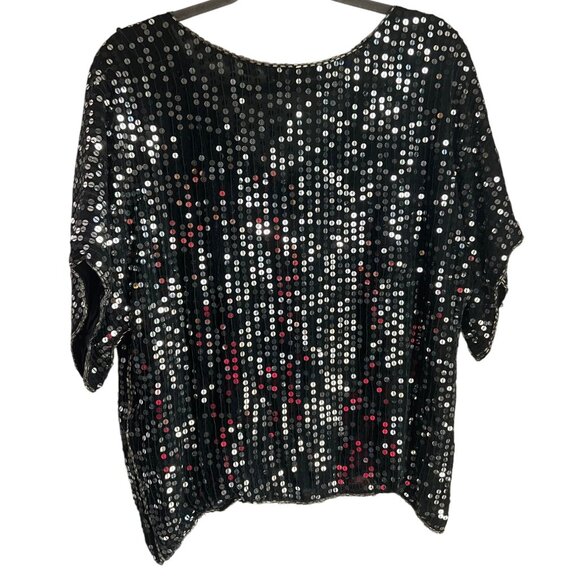 VTG Sequins Queen Medium Silk Beaded Top Black Silver Sequin Floral Embellished* - Picture 2 of 13